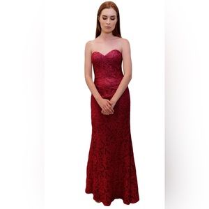 BARIANO burgundy lace strapless gown/prom dress